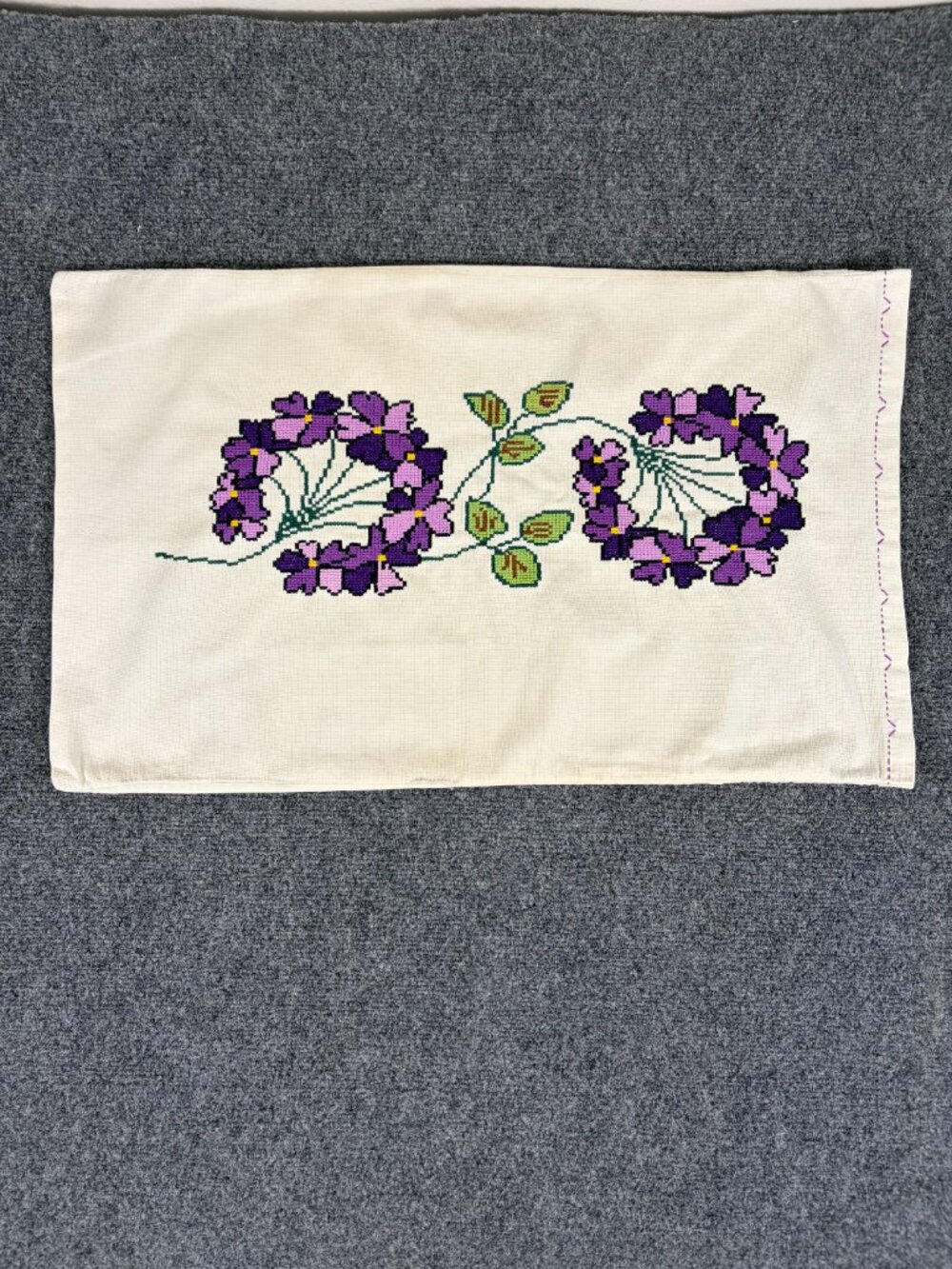 Vtg Cottagecore Hand Embroidered Cross Stitch Pillowcases Pair - Purple Floral - Picture 4 of 5